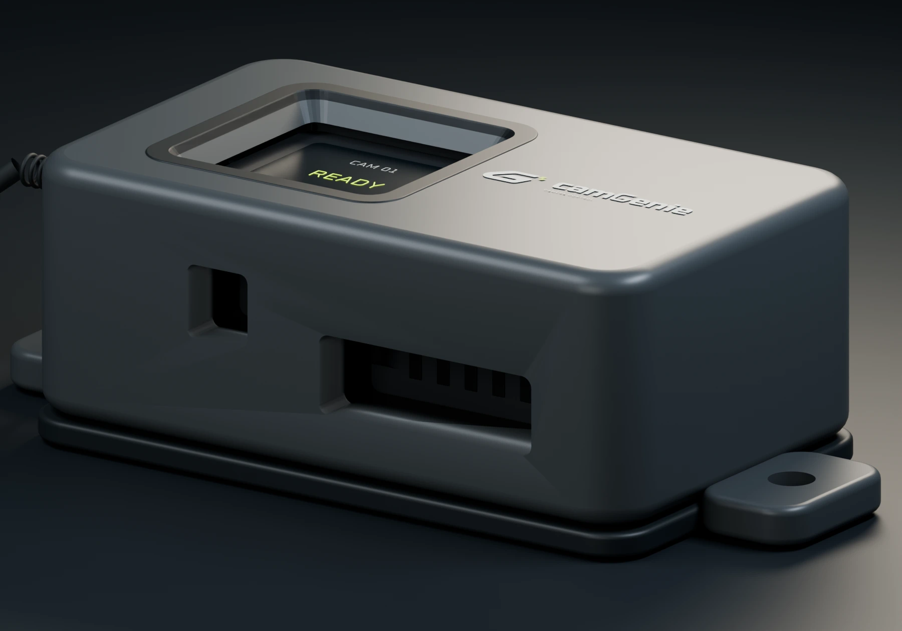 camGenie underside and side openings for the housed modules, USB-C cable and mounting ears